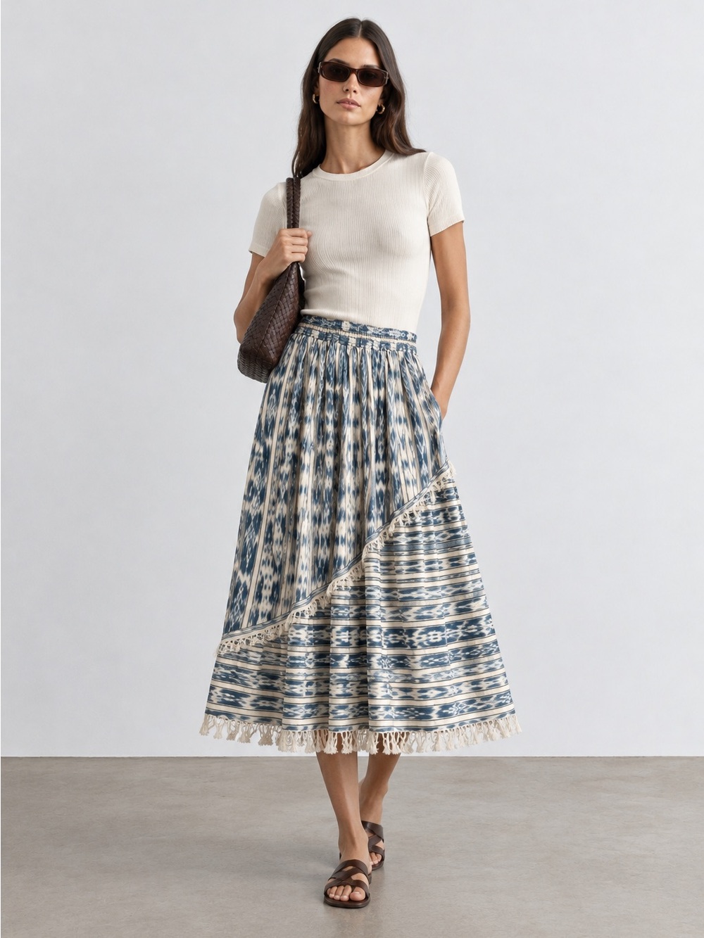 Ek-Chuah A-Line Skirt Women size Large Blue White Tiered Fringe Maxi Skirt